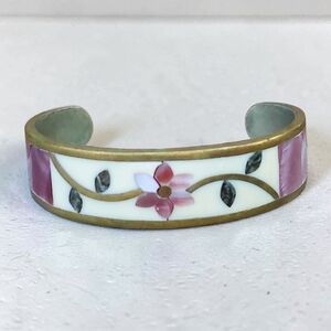 Vintage Mexican Artisan Mother Of Pearl Inlaid Floral Cuff Bracelet